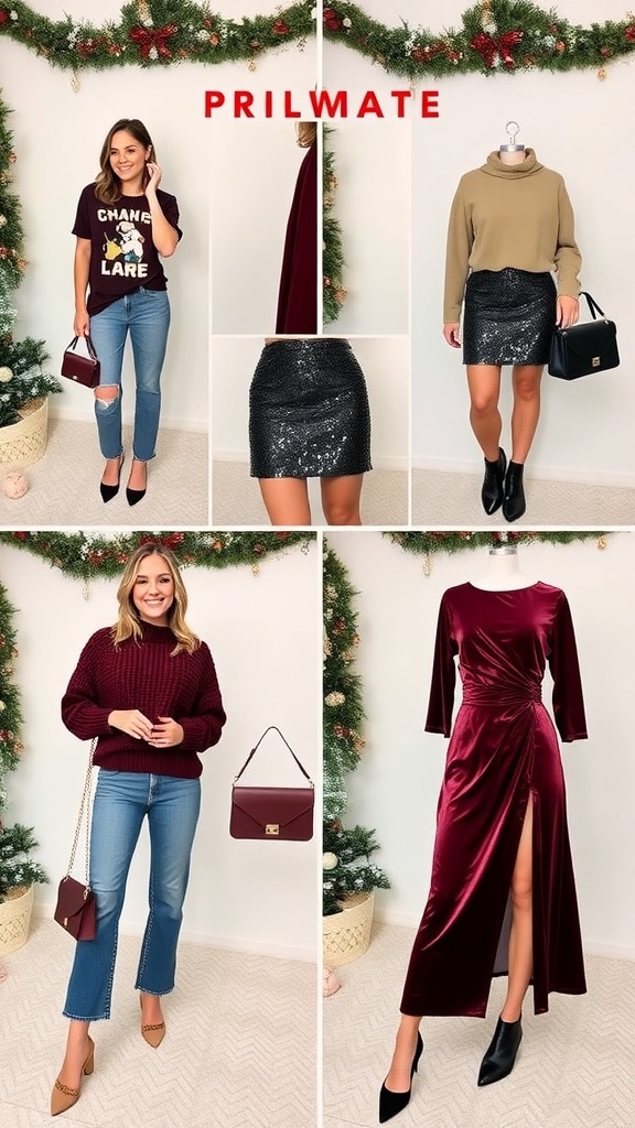 Collage of 2000s Christmas outfits including casual and glamorous styles.